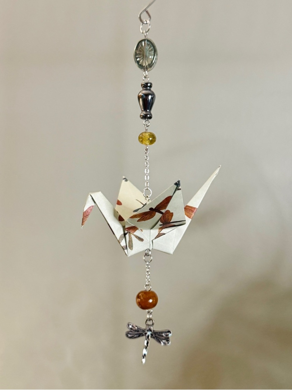 Origami Ornament #2524 - Medium Crane with Dragonfly Paper and Charm